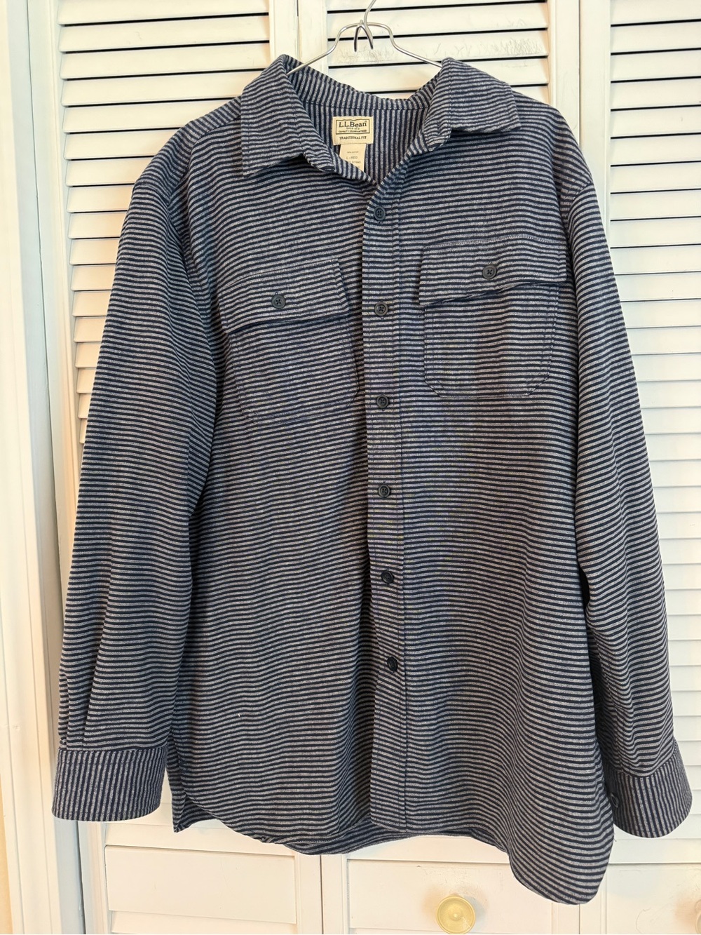 LL Bean Blue Striped Long Sleeve Button Down Cloth Flannel Shirt Large Outdoors